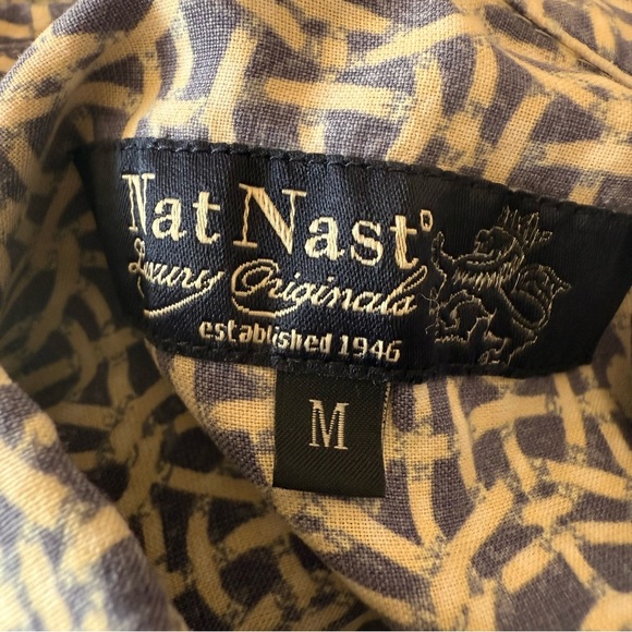 Nat Nast Basketweave Print Silk Blend Button Up Shirt Blue Ivory Short Sleeve M - Picture 7 of 9